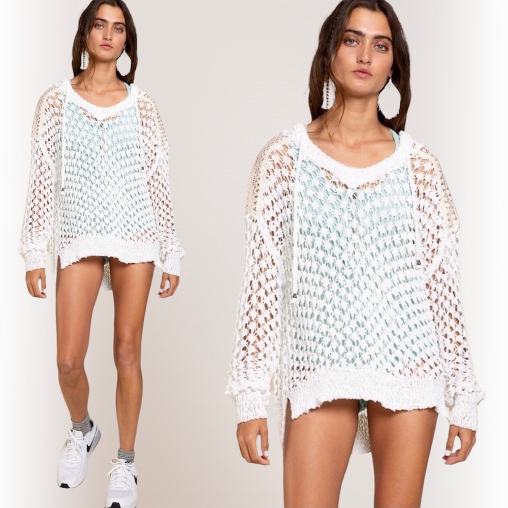 POL White Open-Knit Hooded Scoop Neck Sweater - Picture 12 of 14